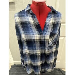 Flannel Shirt Blue Plaid Button‎ Down Long Sleeve Casual Relaxed Fit